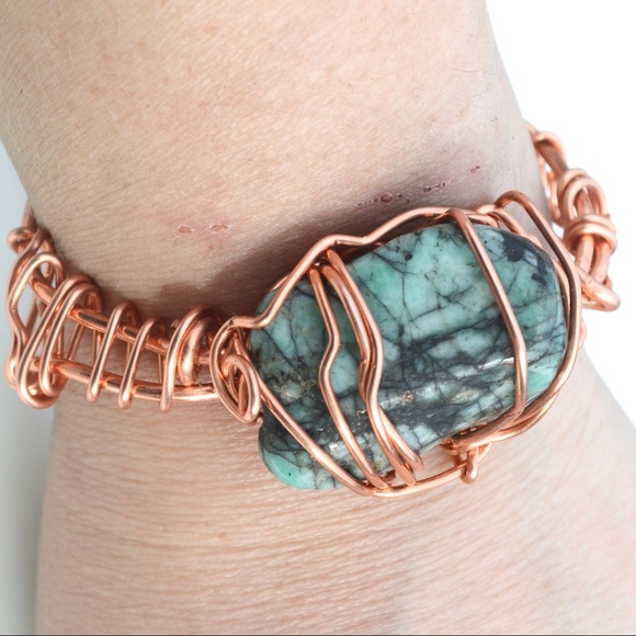 Conceptual Subculture Jewelry - Genuine Emerald Gemstone Copper Cuff Bracelet Boho